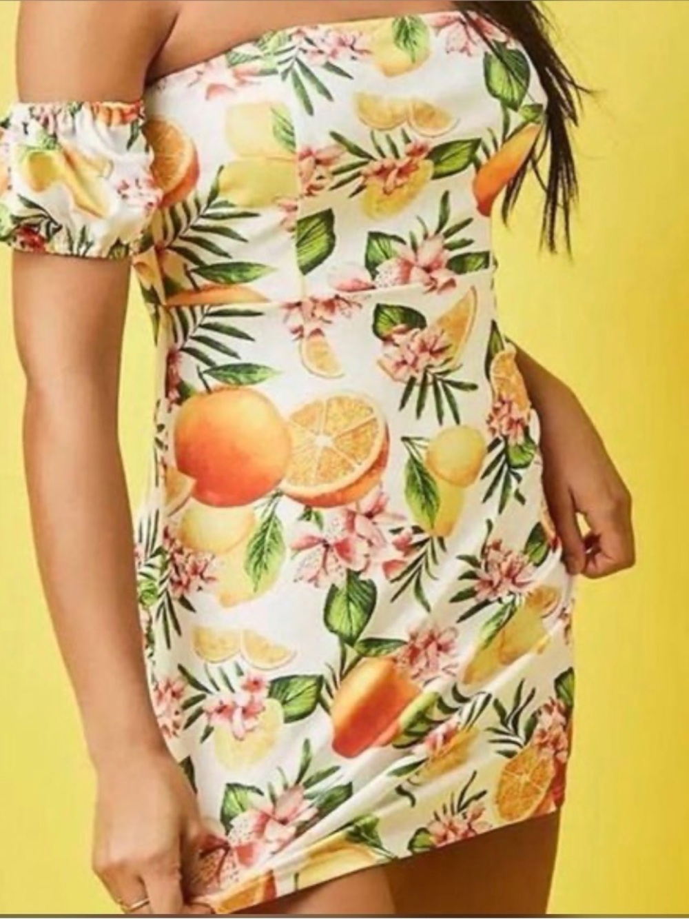 Forever 21 White Off-Shoulder Dress with Yellow & Green Citrus Print